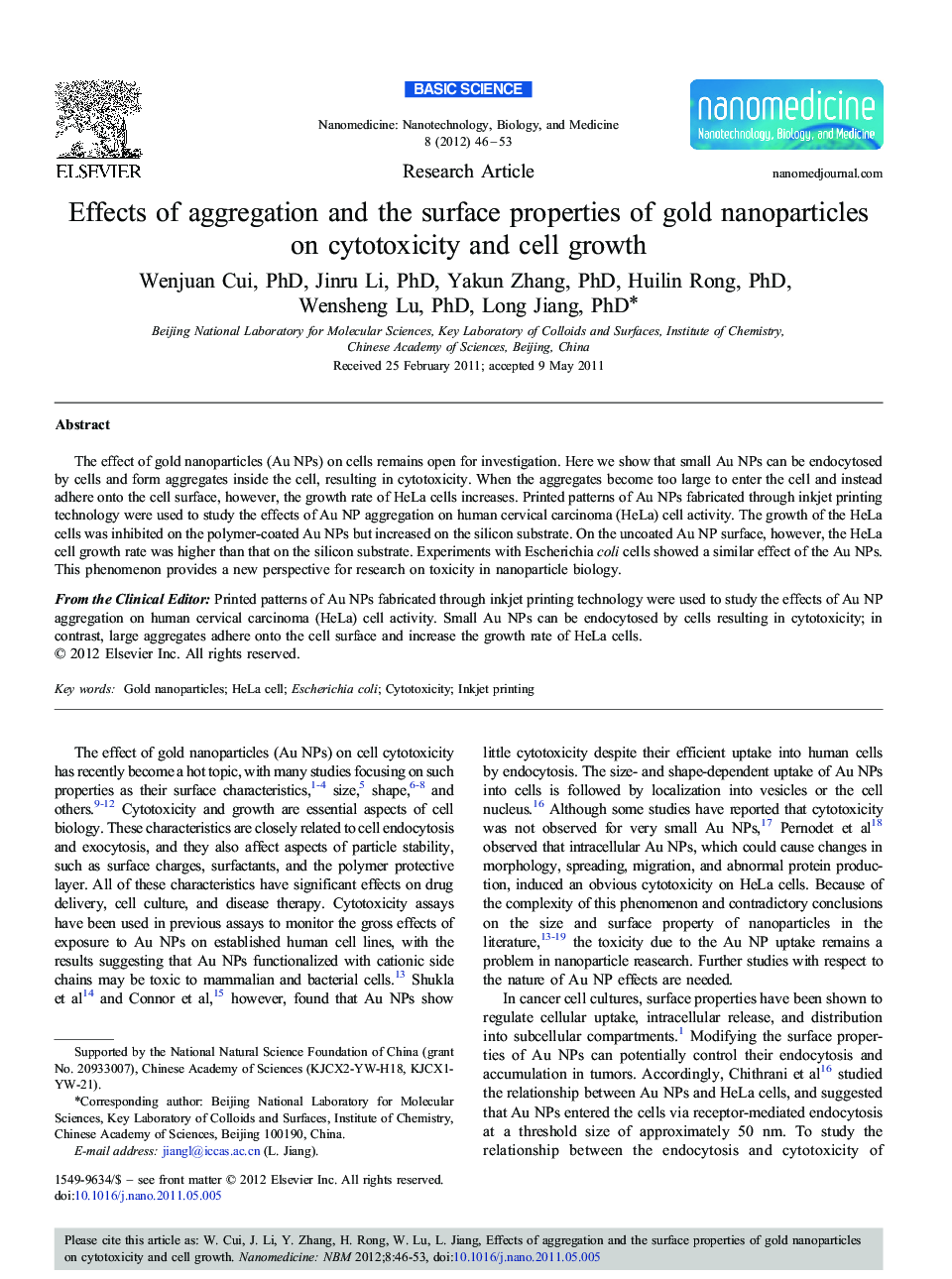 Effects of aggregation and the surface properties of gold nanoparticles on cytotoxicity and cell growth 