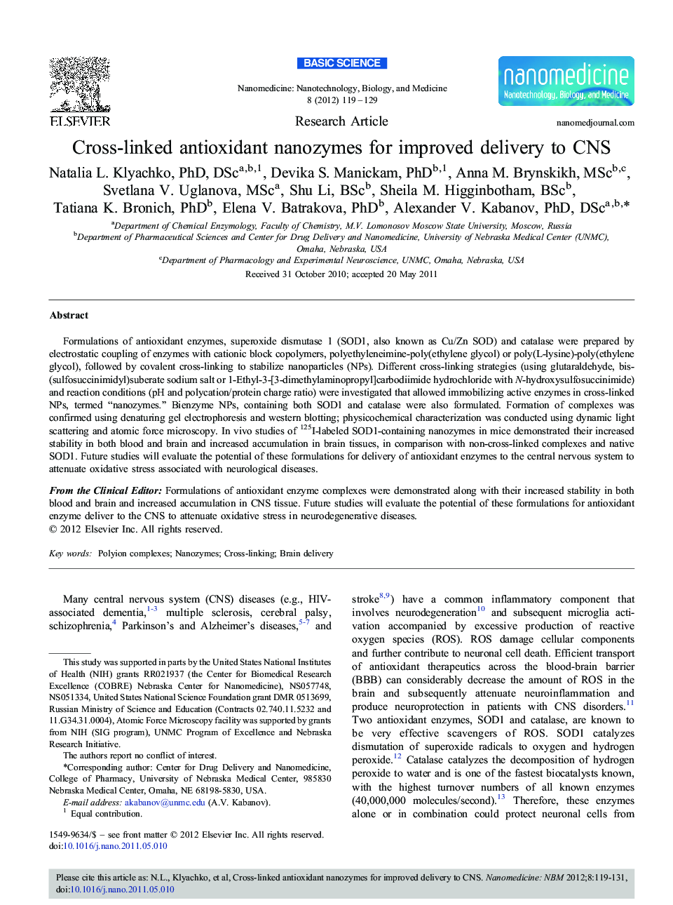 Cross-linked antioxidant nanozymes for improved delivery to CNS 