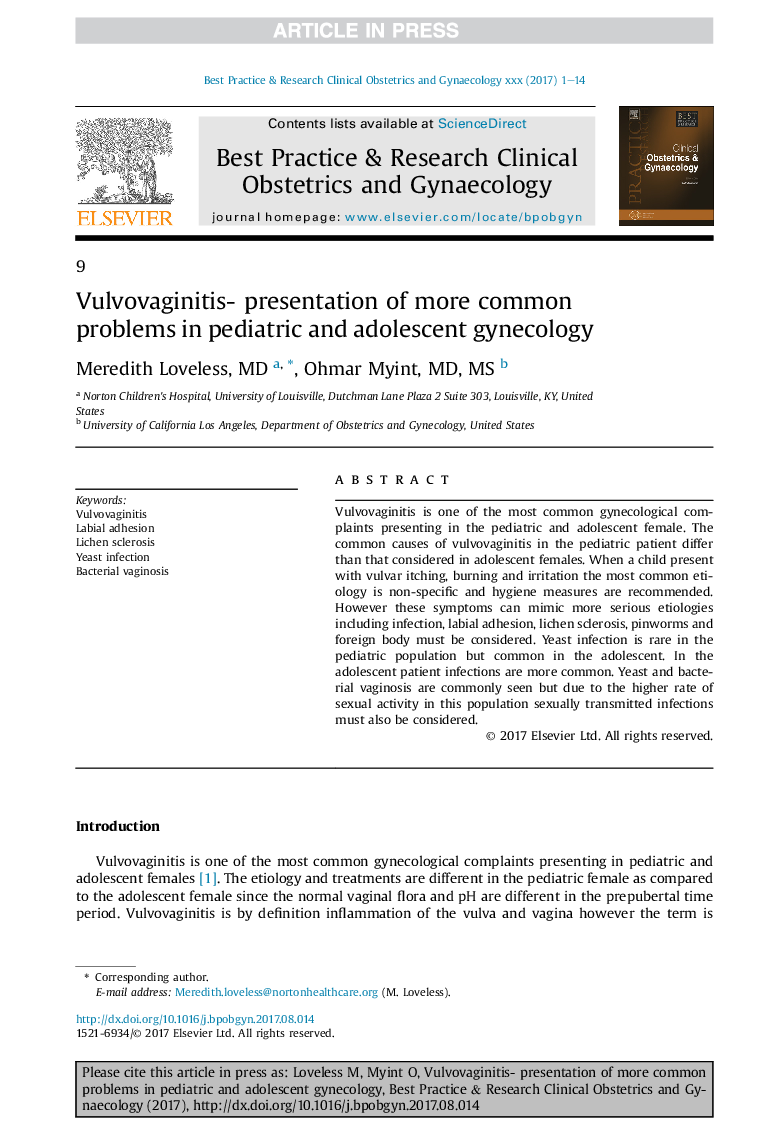 Vulvovaginitis- presentation of more common problems in pediatric and adolescent gynecology