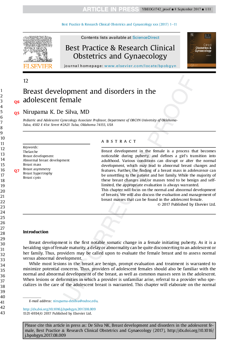 Breast development and disorders in the adolescent female