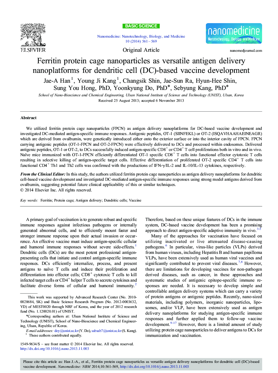 Ferritin protein cage nanoparticles as versatile antigen delivery nanoplatforms for dendritic cell (DC)-based vaccine development 