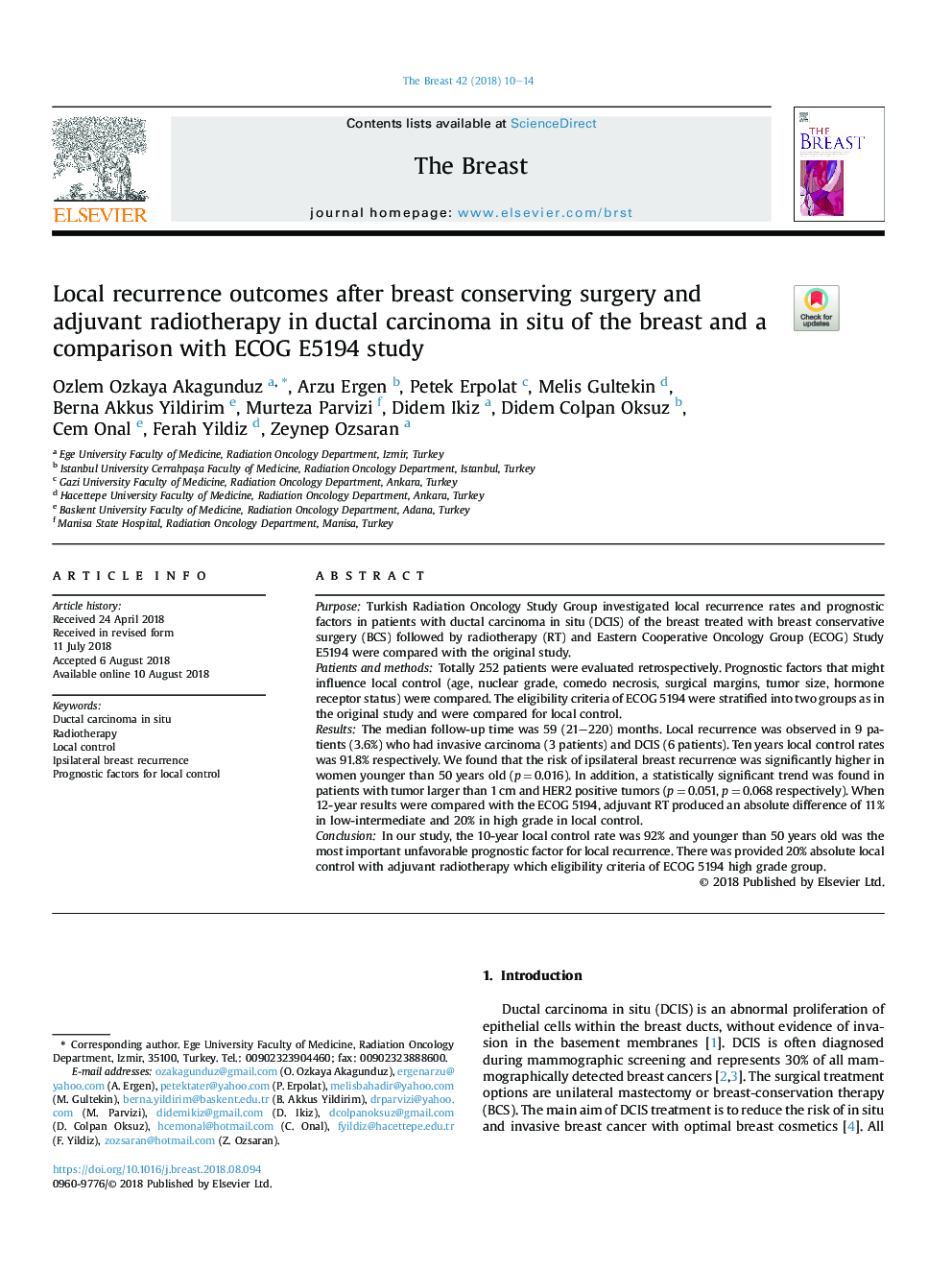 Local recurrence outcomes after breast conserving surgery and adjuvant radiotherapy in ductal carcinoma in situ of the breast and a comparison with ECOG E5194 study