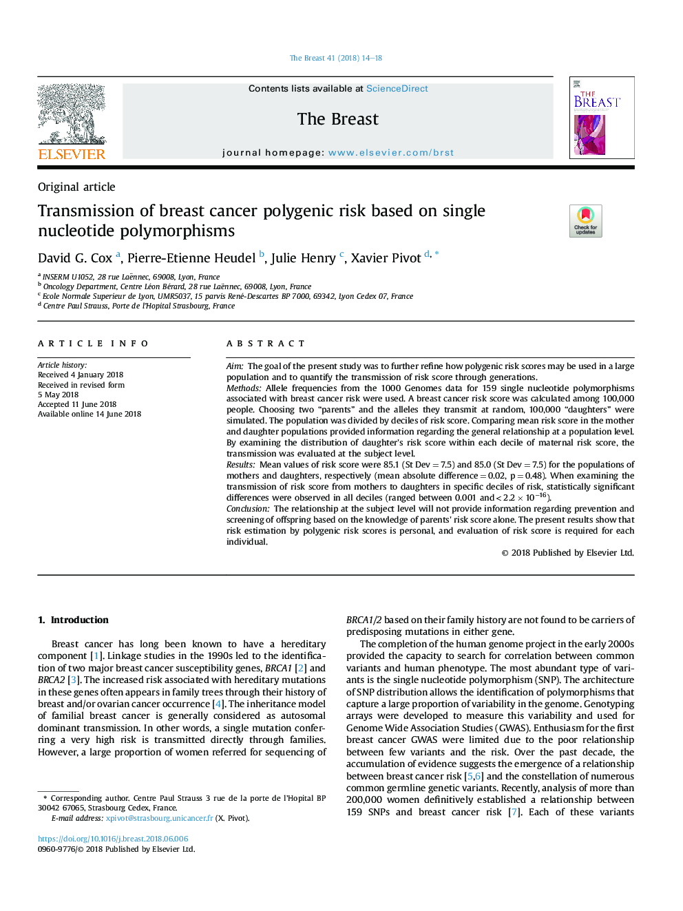 Transmission of breast cancer polygenic risk based on single nucleotide polymorphisms