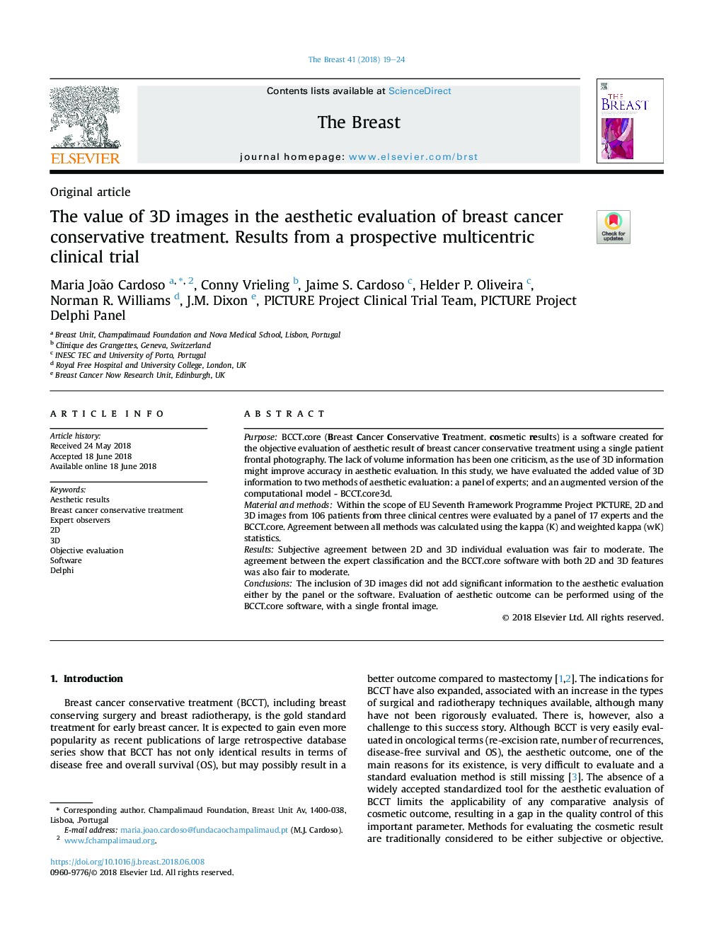 The value of 3D images in the aesthetic evaluation of breast cancer conservative treatment. Results from a prospective multicentric clinical trial