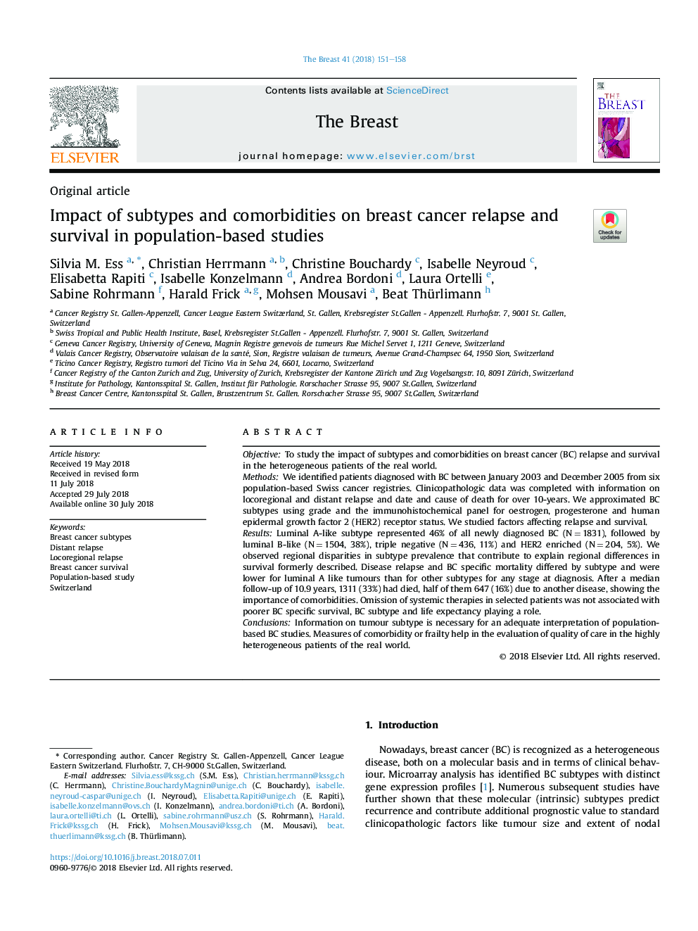 Impact of subtypes and comorbidities on breast cancer relapse and survival in population-based studies