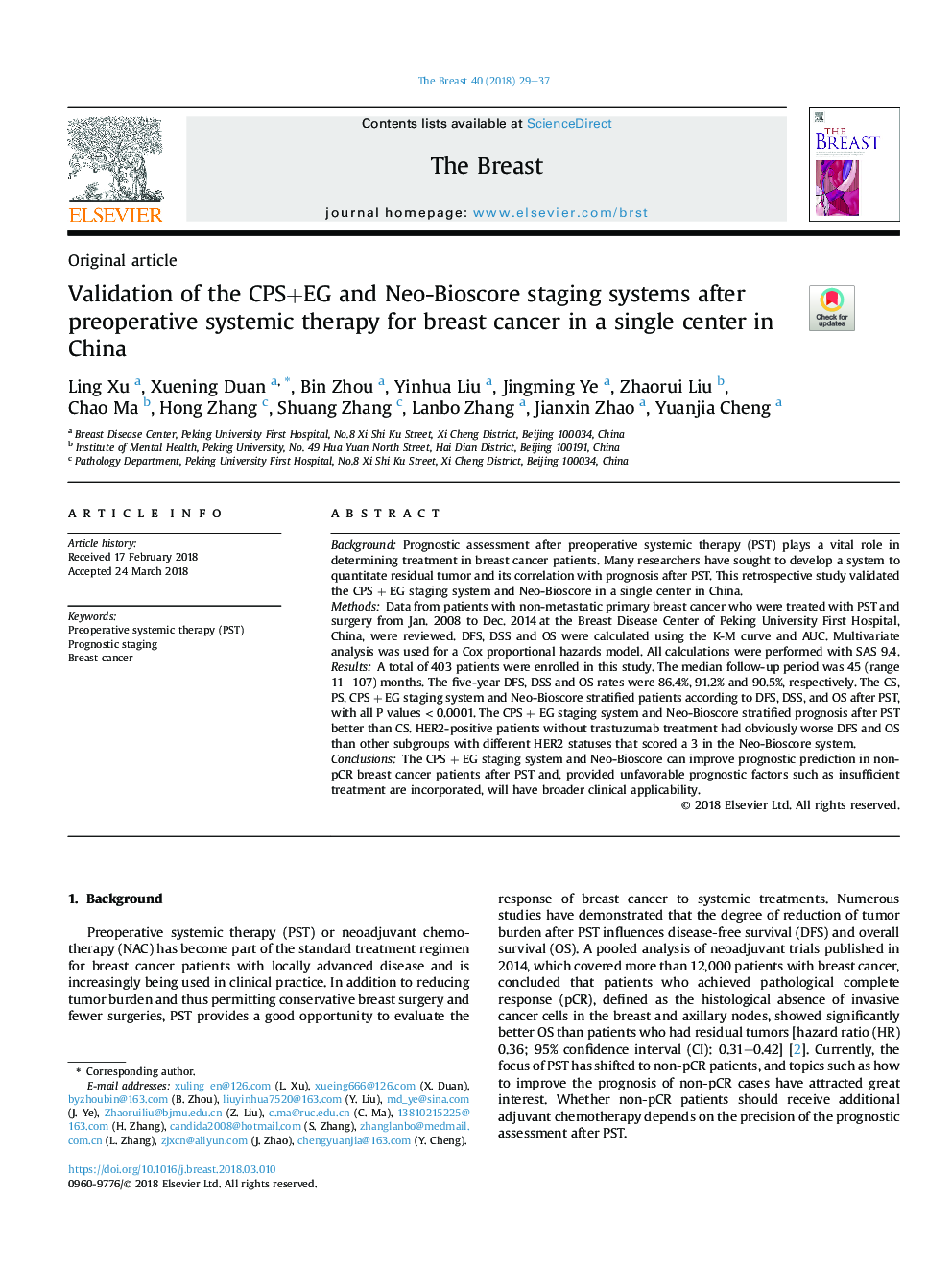 Validation of the CPS+EG and Neo-Bioscore staging systems after preoperative systemic therapy for breast cancer in a single center in China