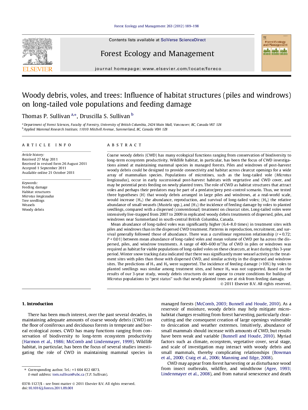 Woody debris, voles, and trees: Influence of habitat structures (piles and windrows) on long-tailed vole populations and feeding damage