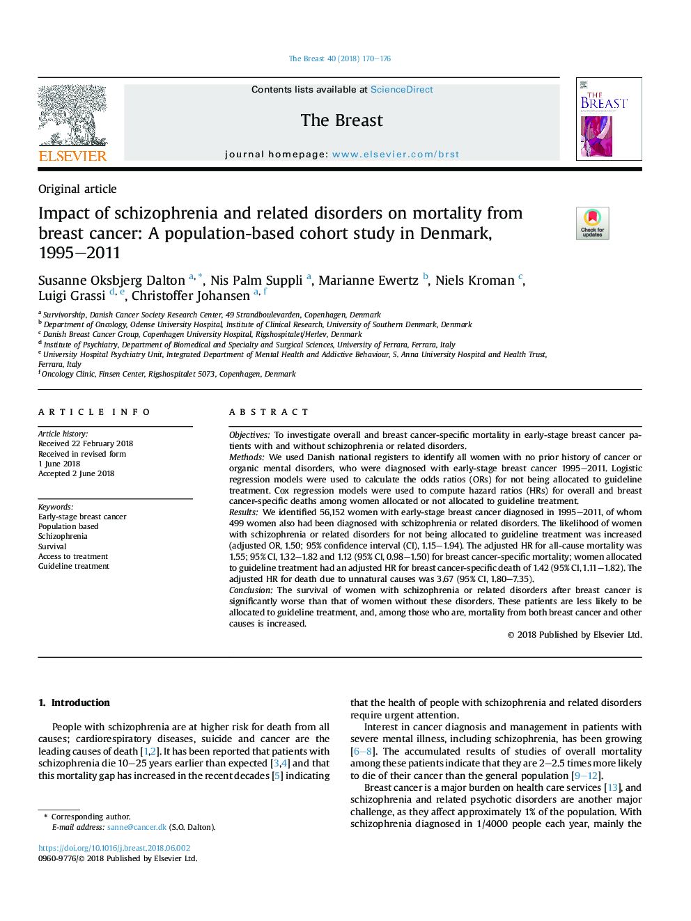 Impact of schizophrenia and related disorders on mortality from breast cancer: A population-based cohort study in Denmark, 1995-2011