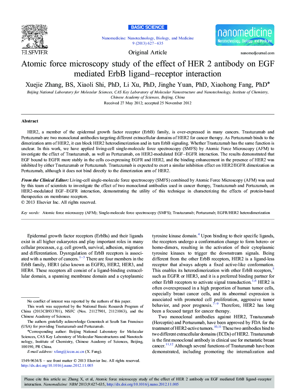 Atomic force microscopy study of the effect of HER 2 antibody on EGF mediated ErbB ligand–receptor interaction 