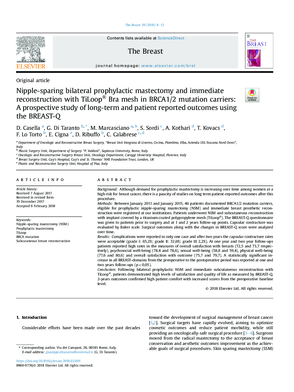 Nipple-sparing bilateral prophylactic mastectomy and immediate reconstruction with TiLoop® Bra mesh in BRCA1/2 mutation carriers: A prospective study of long-term and patient reported outcomes using the BREAST-Q