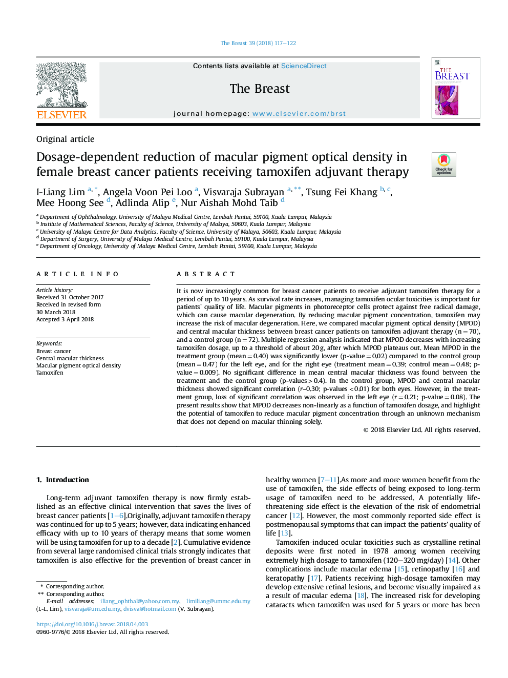 Dosage-dependent reduction of macular pigment optical density in female breast cancer patients receiving tamoxifen adjuvant therapy