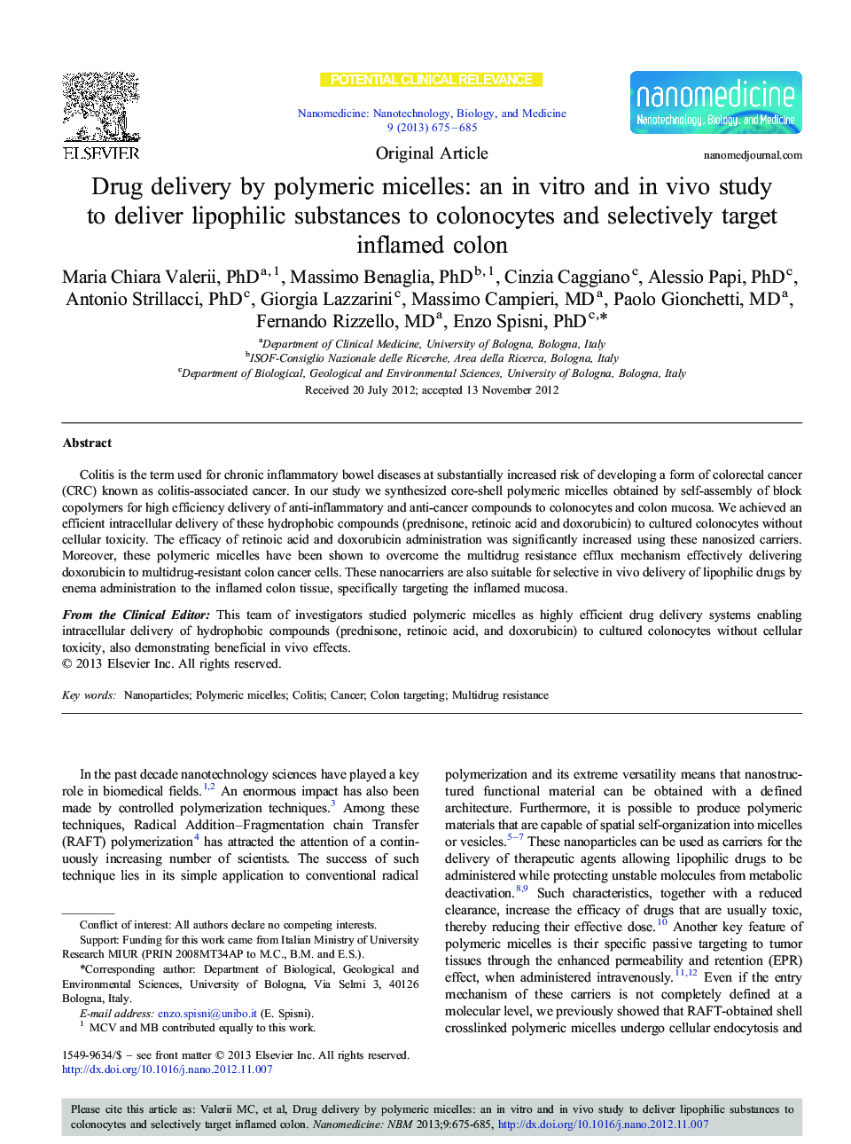 Drug delivery by polymeric micelles: an in vitro and in vivo study to deliver lipophilic substances to colonocytes and selectively target inflamed colon 