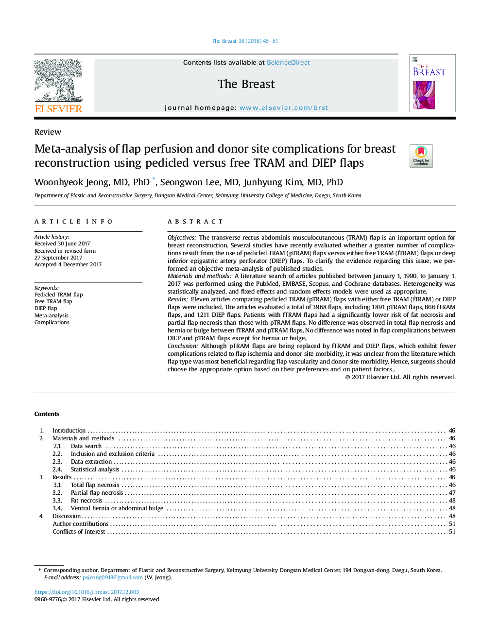 Meta-analysis of flap perfusion and donor site complications for breast reconstruction using pedicled versus free TRAM and DIEP flaps