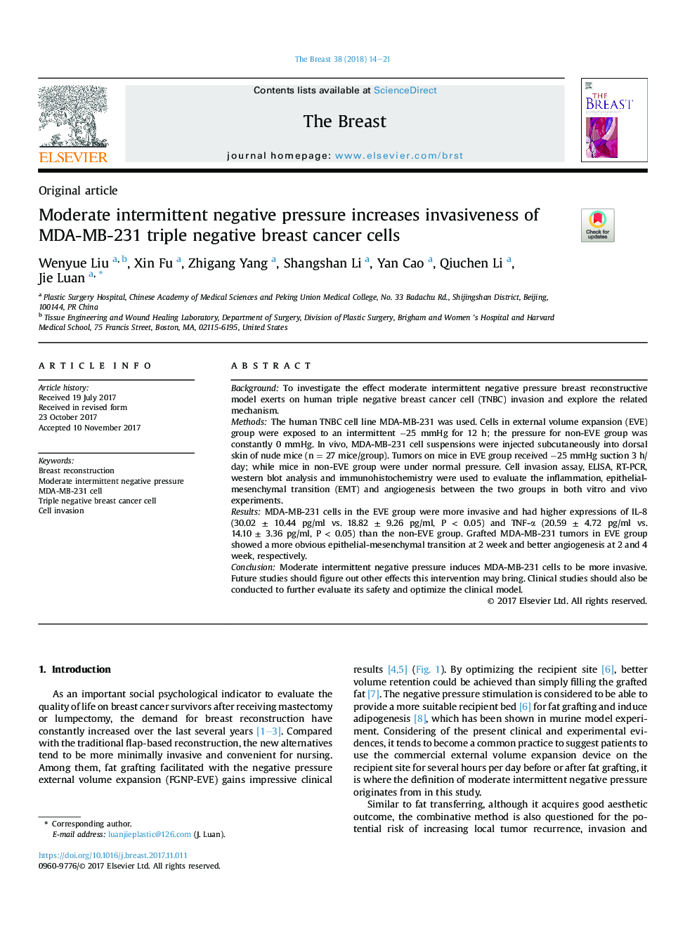 Moderate intermittent negative pressure increases invasiveness of MDA-MB-231 triple negative breast cancer cells