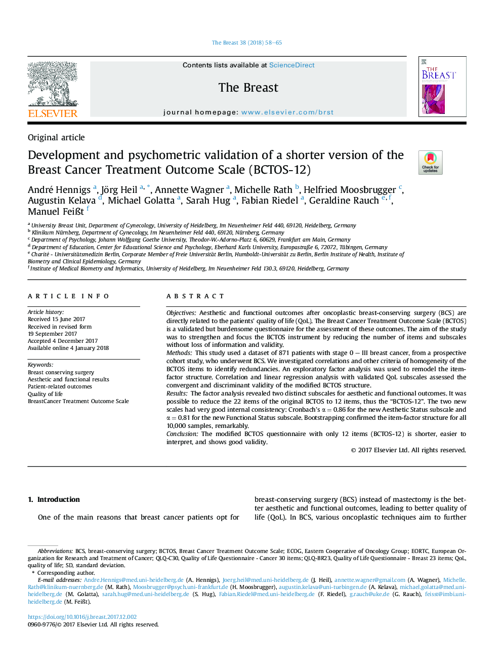 Development and psychometric validation of a shorter version of the Breast Cancer Treatment Outcome Scale (BCTOS-12)
