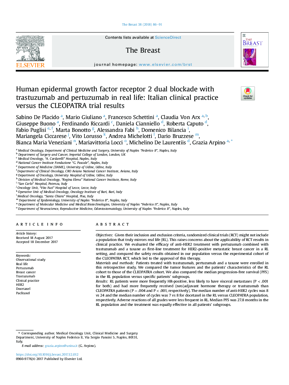 Human epidermal growth factor receptor 2 dual blockade with trastuzumab and pertuzumab in real life: Italian clinical practice versus the CLEOPATRA trial results