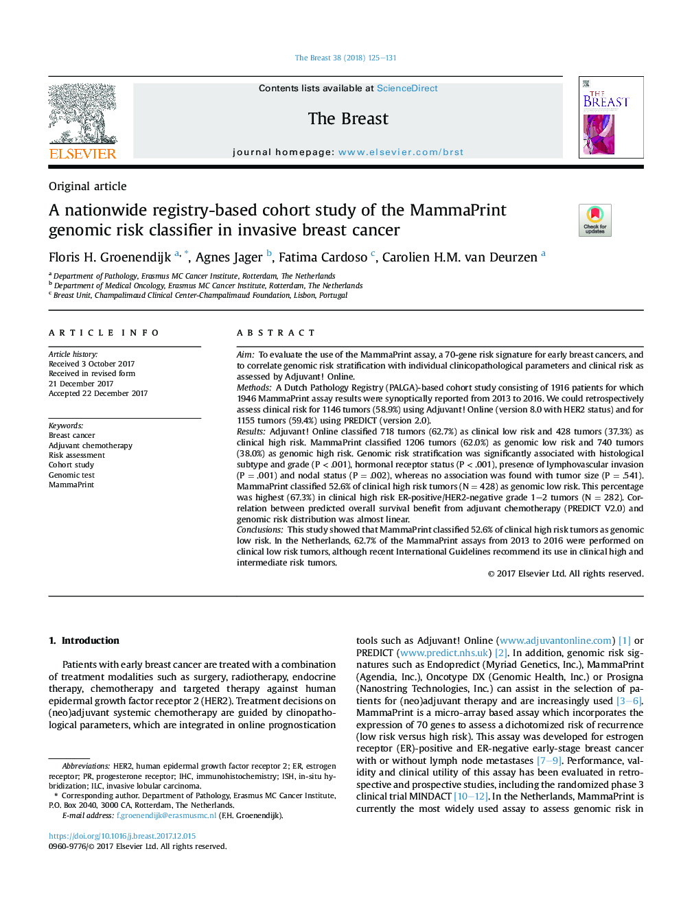 A nationwide registry-based cohort study of the MammaPrint genomic risk classifier in invasive breast cancer