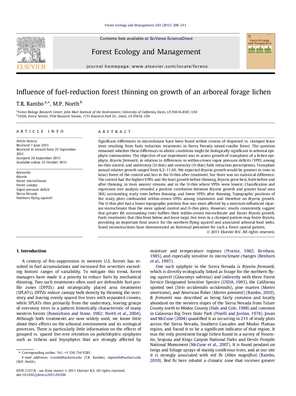 Influence of fuel-reduction forest thinning on growth of an arboreal forage lichen