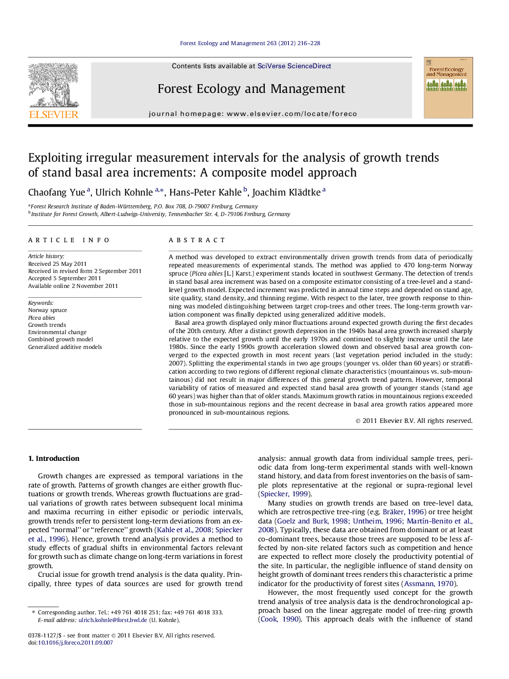 Exploiting irregular measurement intervals for the analysis of growth trends of stand basal area increments: A composite model approach