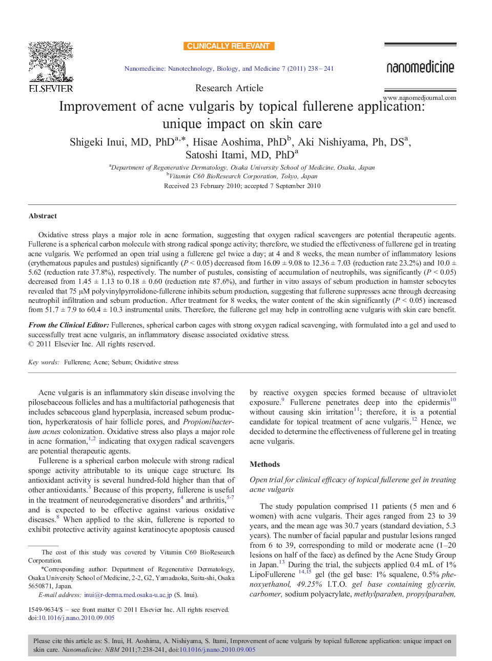 Improvement of acne vulgaris by topical fullerene application: unique impact on skin care 