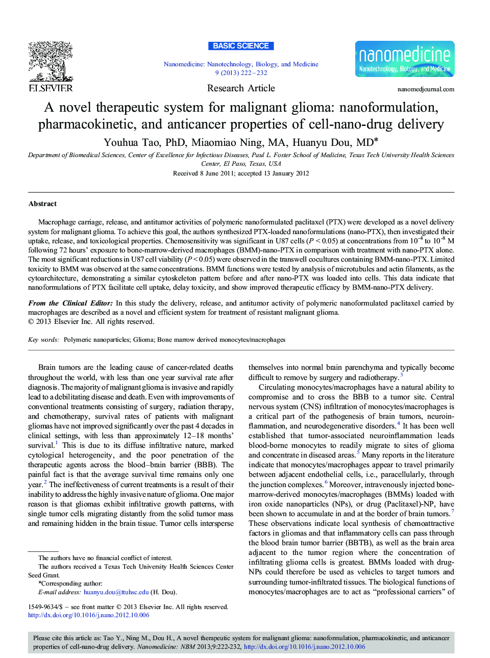 A novel therapeutic system for malignant glioma: nanoformulation, pharmacokinetic, and anticancer properties of cell-nano-drug delivery 