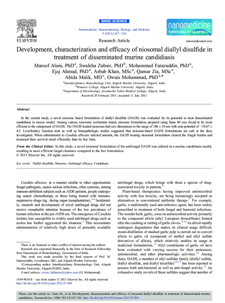 Development, characterization and efficacy of niosomal diallyl disulfide in treatment of disseminated murine candidiasis 
