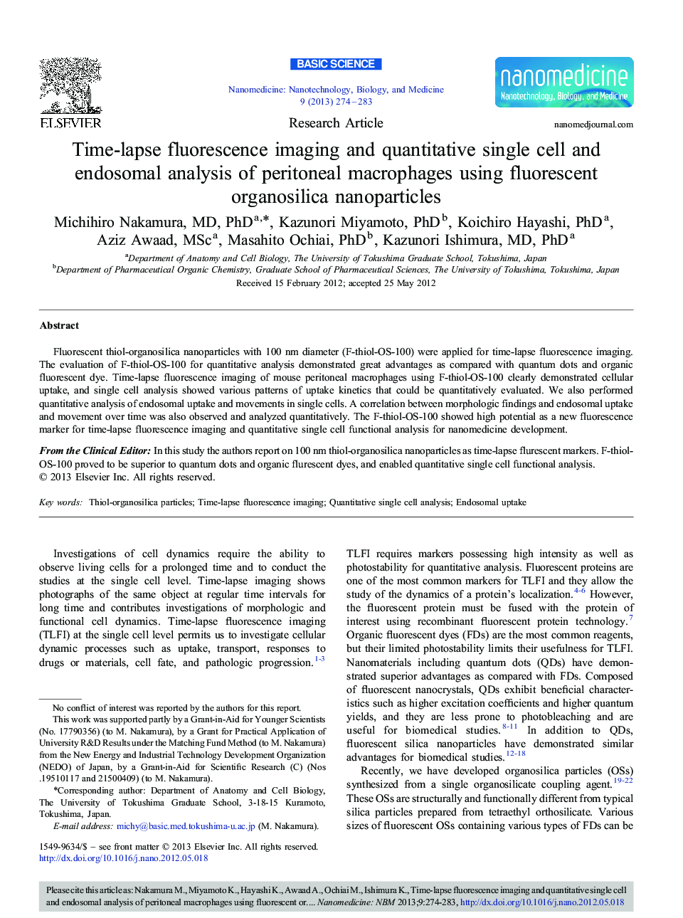 Time-lapse fluorescence imaging and quantitative single cell and endosomal analysis of peritoneal macrophages using fluorescent organosilica nanoparticles 
