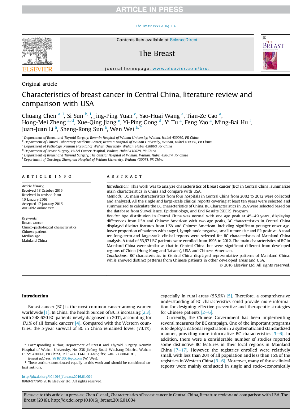 Characteristics of breast cancer in Central China, literature review and comparison with USA