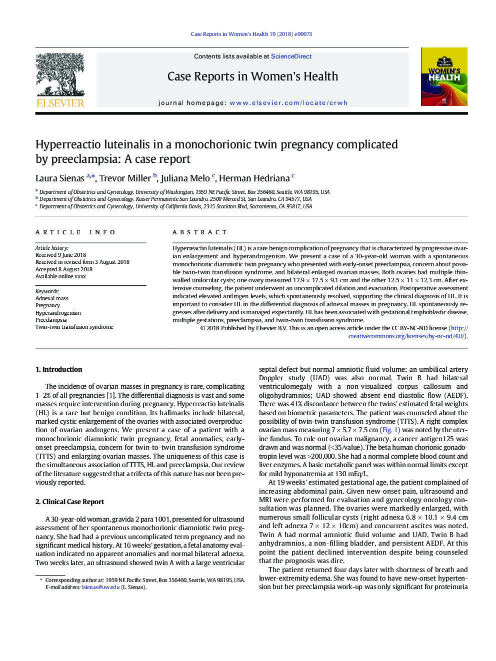 Hyperreactio luteinalis in a monochorionic twin pregnancy complicated by preeclampsia: A case report