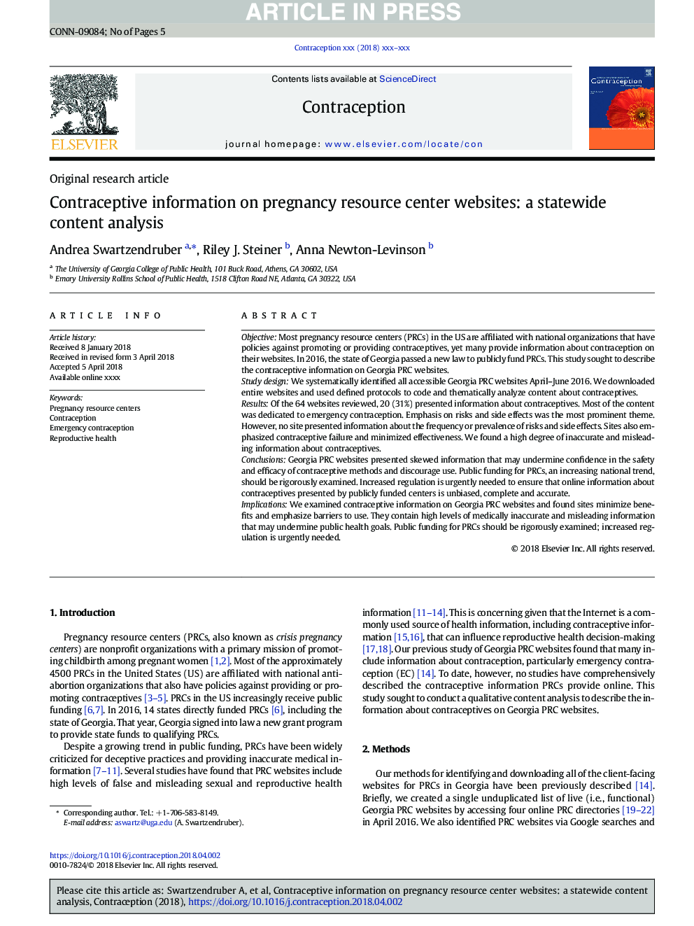 Contraceptive information on pregnancy resource center websites: a statewide content analysis