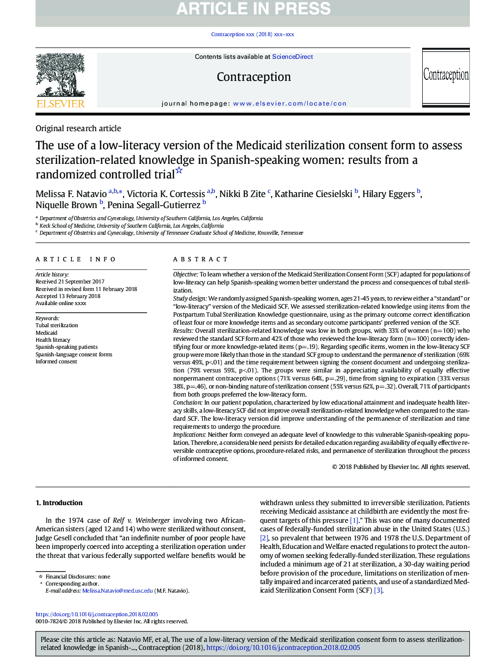 The use of a low-literacy version of the Medicaid sterilization consent form to assess sterilization-related knowledge in Spanish-speaking women: results from a randomized controlled trial