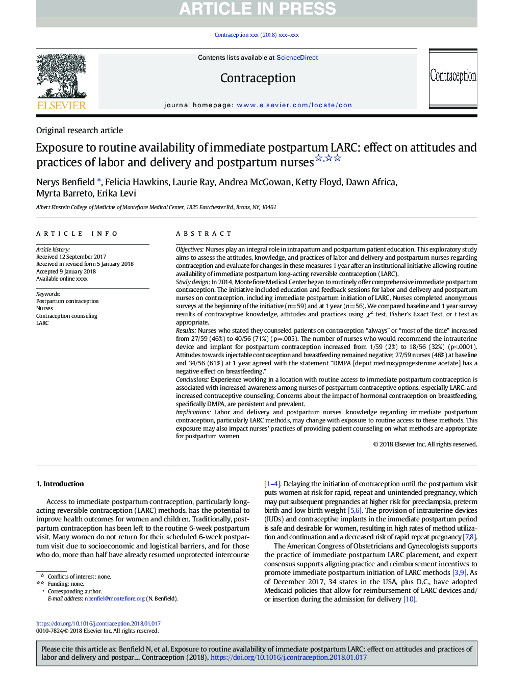 Exposure to routine availability of immediate postpartum LARC: effect on attitudes and practices of labor and delivery and postpartum nurses