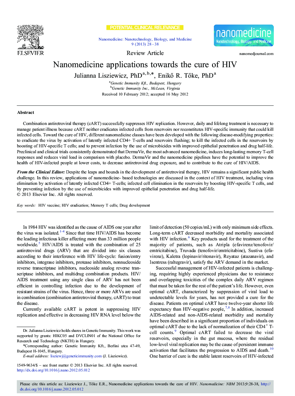 Nanomedicine applications towards the cure of HIV 