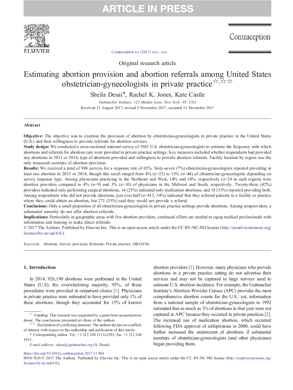 Estimating abortion provision and abortion referrals among United States obstetrician-gynecologists in private practice