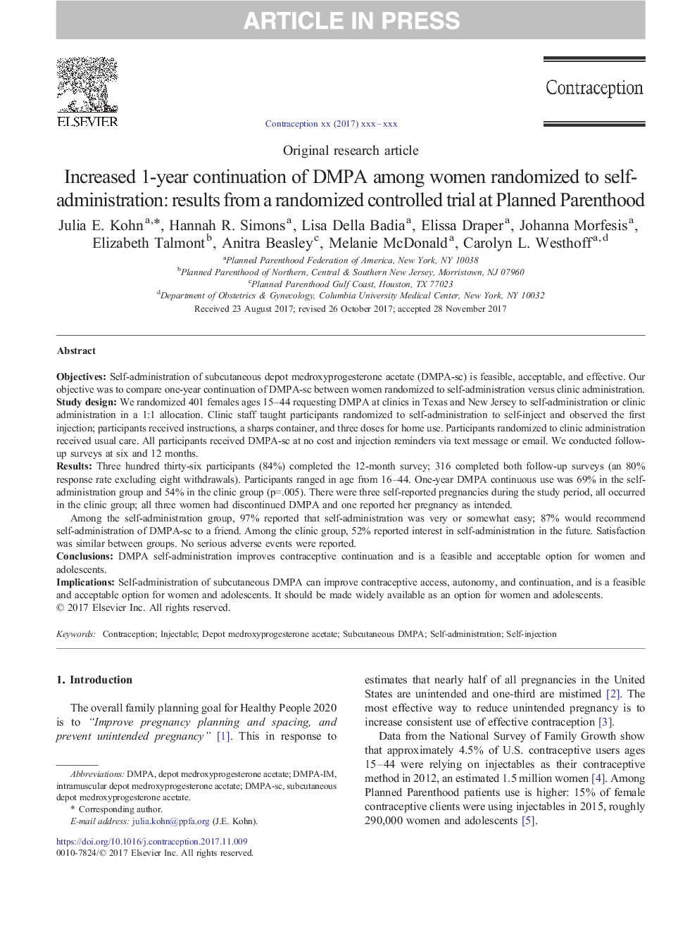 Increased 1-year continuation of DMPA among women randomized to self-administration: results from a randomized controlled trial at Planned Parenthood