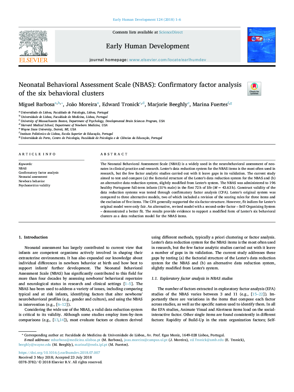 Neonatal Behavioral Assessment Scale (NBAS): Confirmatory factor analysis of the six behavioral clusters