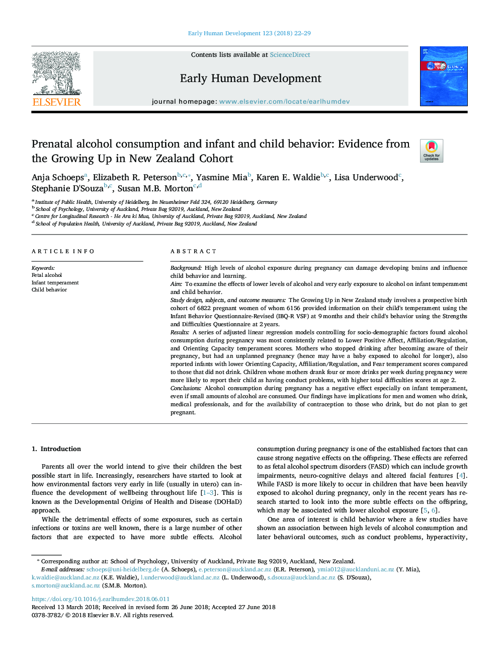 Prenatal alcohol consumption and infant and child behavior: Evidence from the Growing Up in New Zealand Cohort