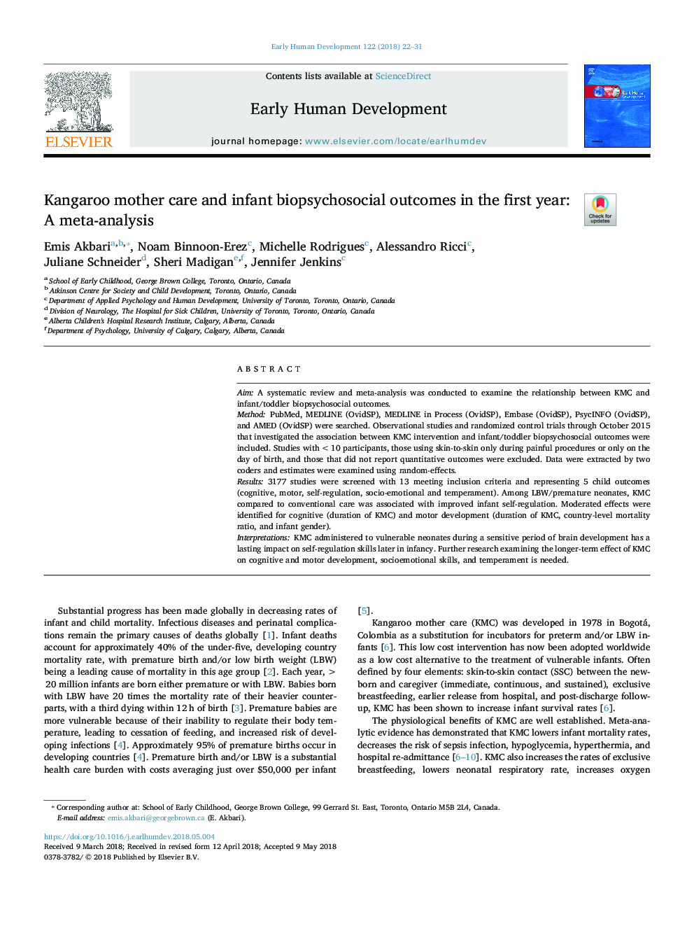 Kangaroo mother care and infant biopsychosocial outcomes in the first year: A meta-analysis