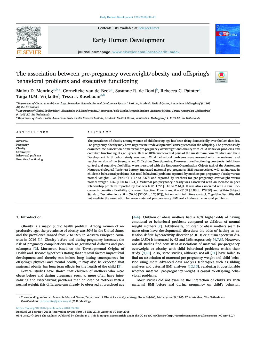 The association between pre-pregnancy overweight/obesity and offspring's behavioral problems and executive functioning