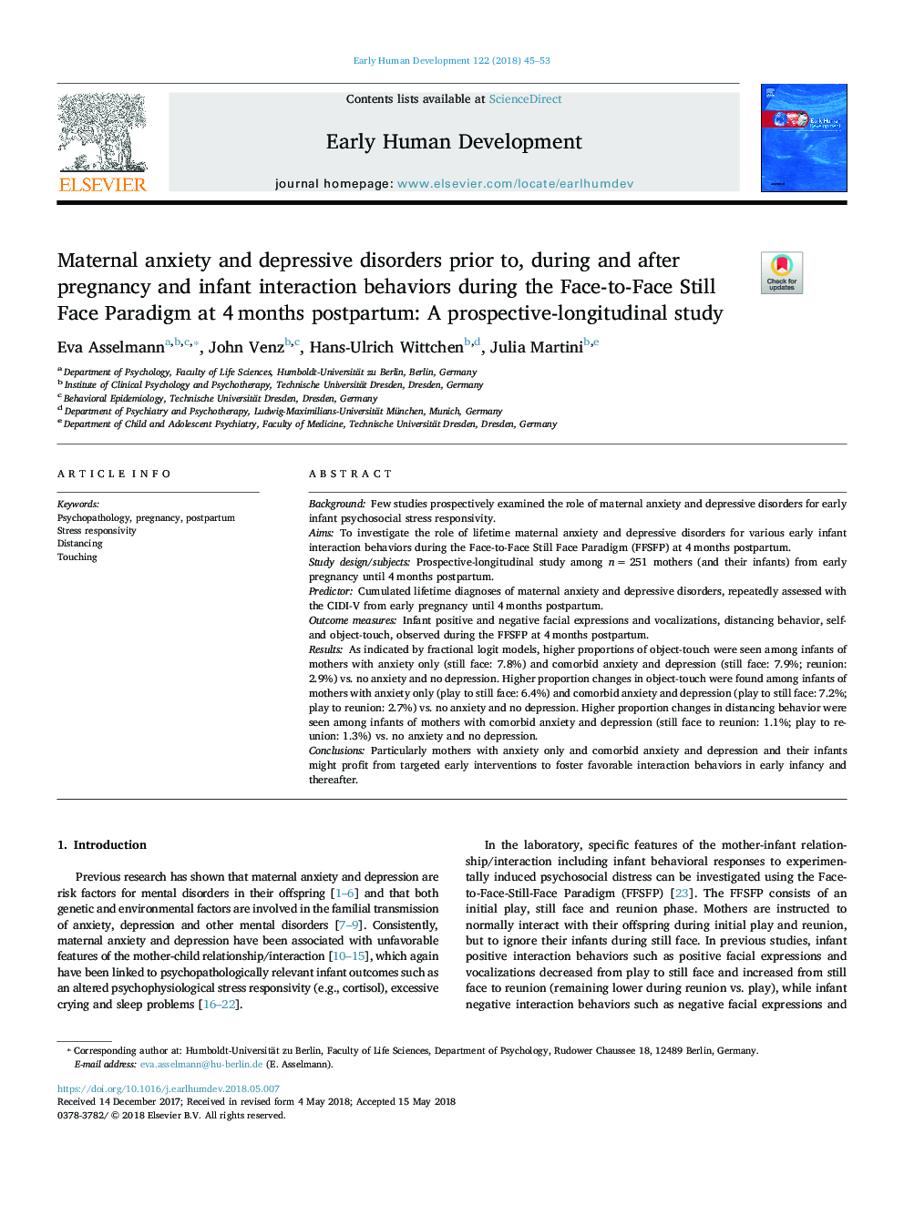 Maternal anxiety and depressive disorders prior to, during and after pregnancy and infant interaction behaviors during the Face-to-Face Still Face Paradigm at 4â¯months postpartum: A prospective-longitudinal study