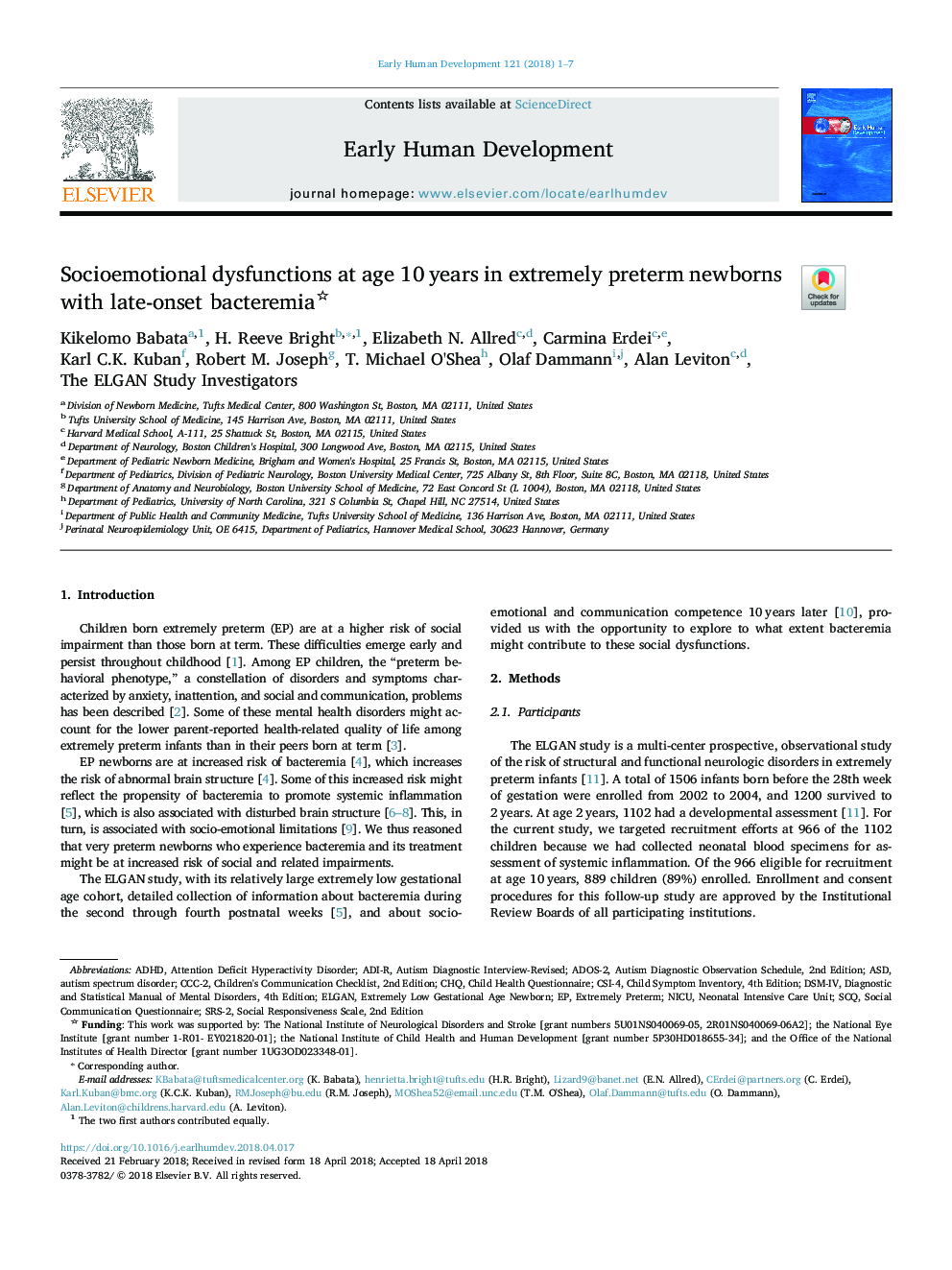 Socioemotional dysfunctions at age 10â¯years in extremely preterm newborns with late-onset bacteremia