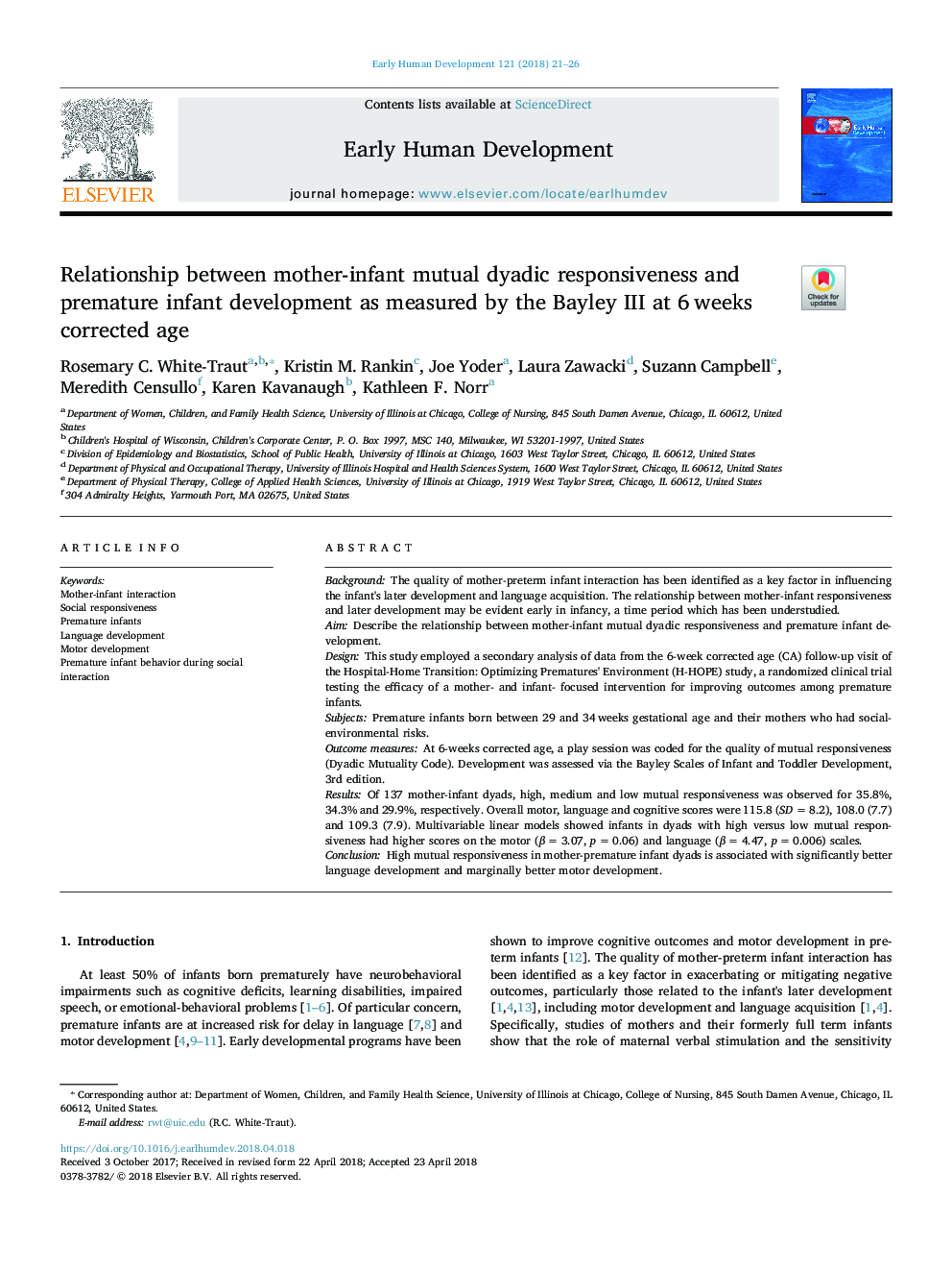 Relationship between mother-infant mutual dyadic responsiveness and premature infant development as measured by the Bayley III at 6â¯weeks corrected age