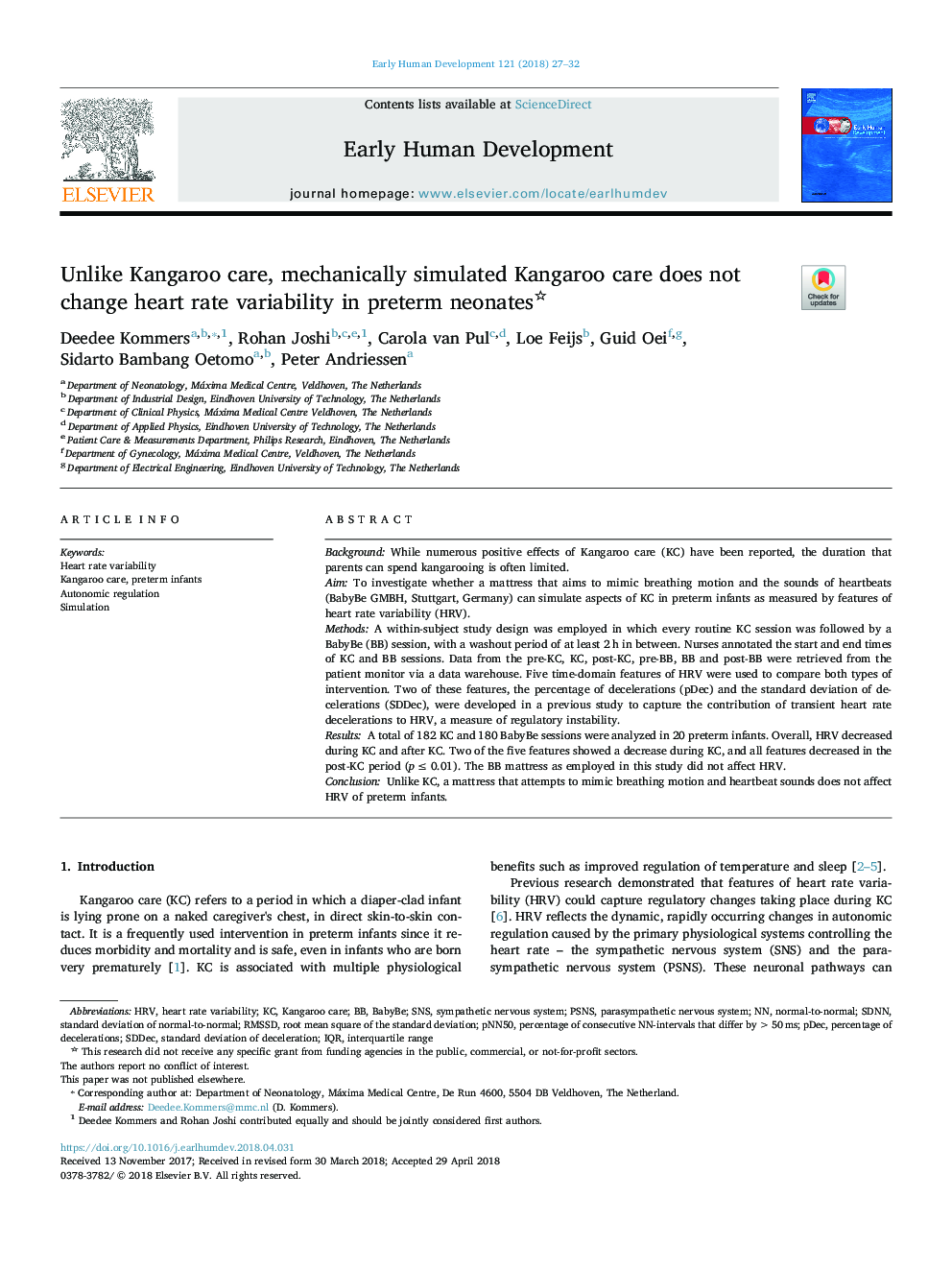 Unlike Kangaroo care, mechanically simulated Kangaroo care does not change heart rate variability in preterm neonates