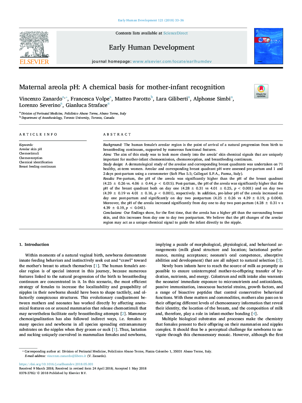 Maternal areola pH: A chemical basis for mother-infant recognition