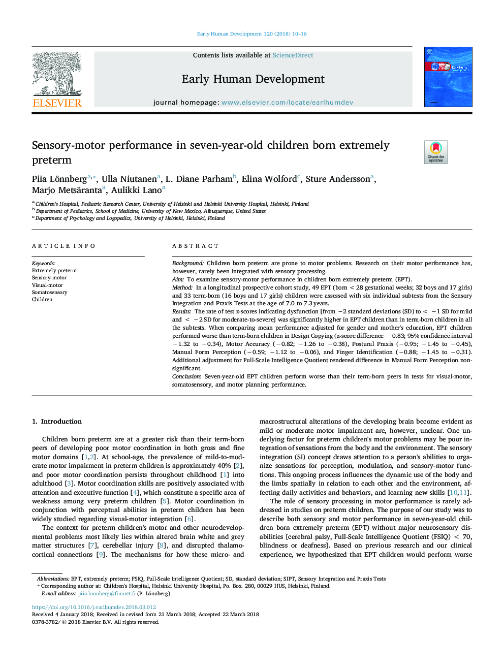 Sensory-motor performance in seven-year-old children born extremely preterm