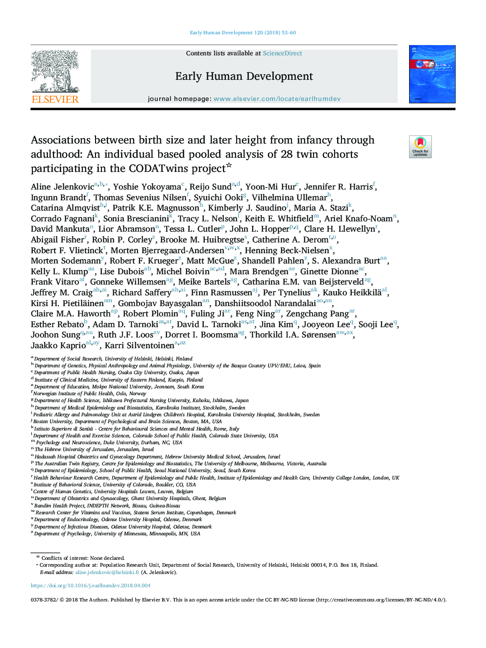 Associations between birth size and later height from infancy through adulthood: An individual based pooled analysis of 28 twin cohorts participating in the CODATwins project