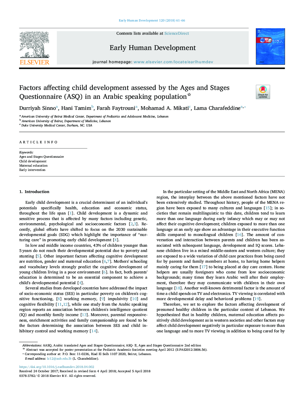 Factors affecting child development assessed by the Ages and Stages Questionnaire (ASQ) in an Arabic speaking population