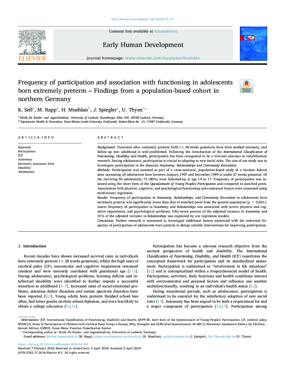 Frequency of participation and association with functioning in adolescents born extremely preterm - Findings from a population-based cohort in northern Germany