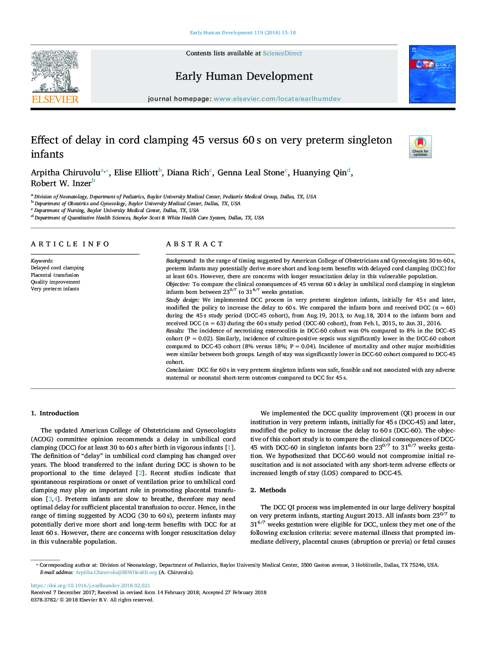 Effect of delay in cord clamping 45 versus 60â¯s on very preterm singleton infants