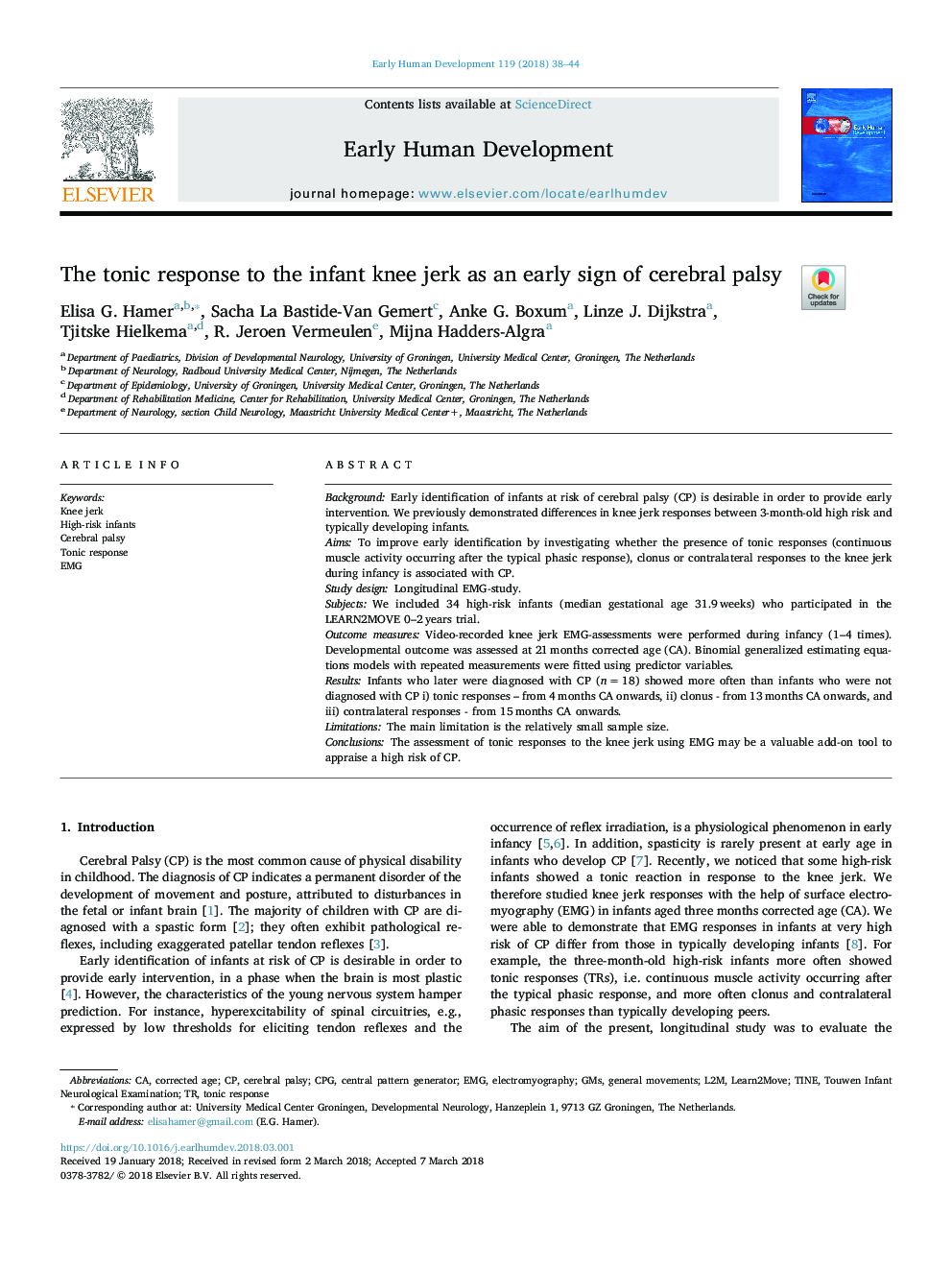 The tonic response to the infant knee jerk as an early sign of cerebral palsy